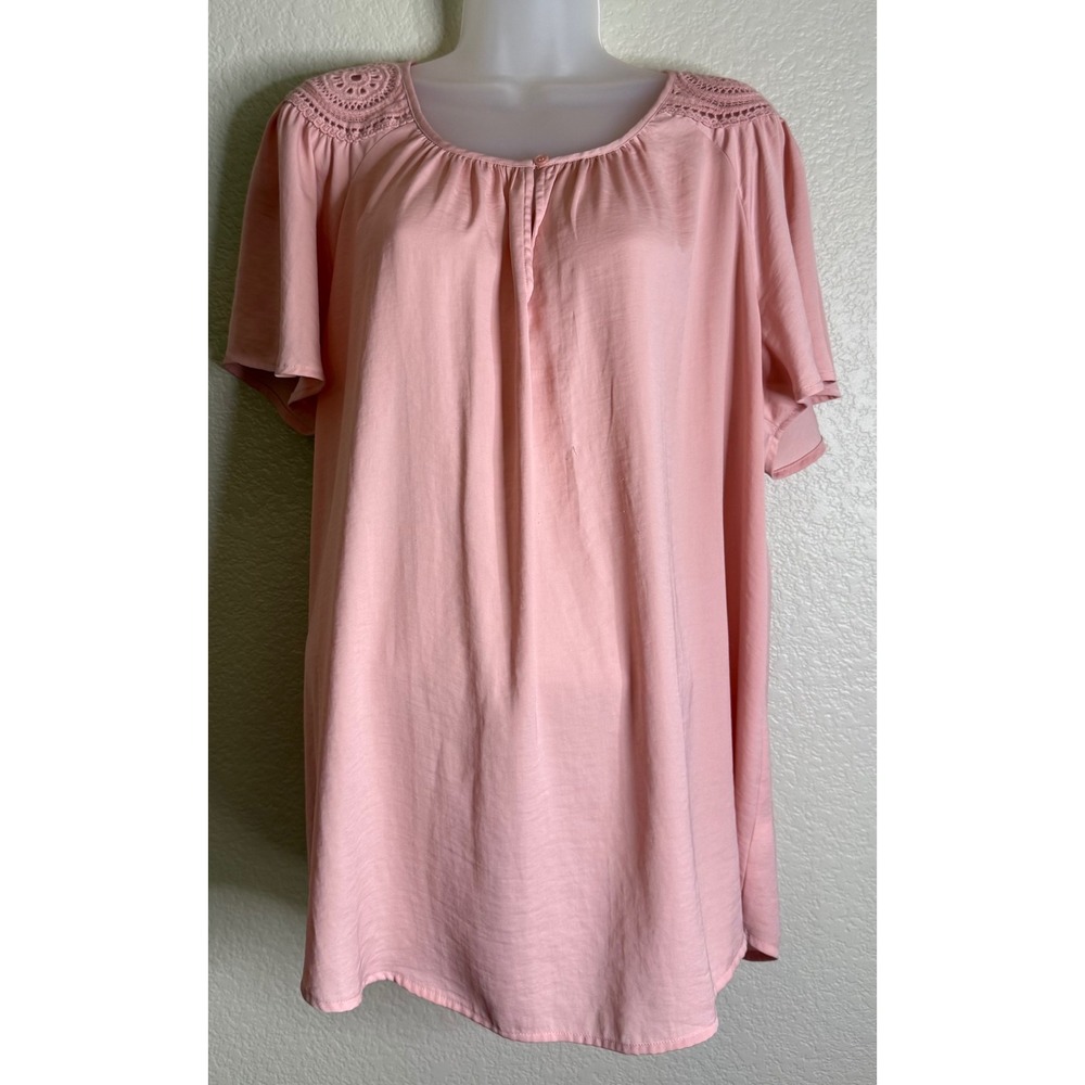 Lane Bryant Womens 14/16 Blouse Pink Crochet Lace Shoulder Short Sleeve Tunic